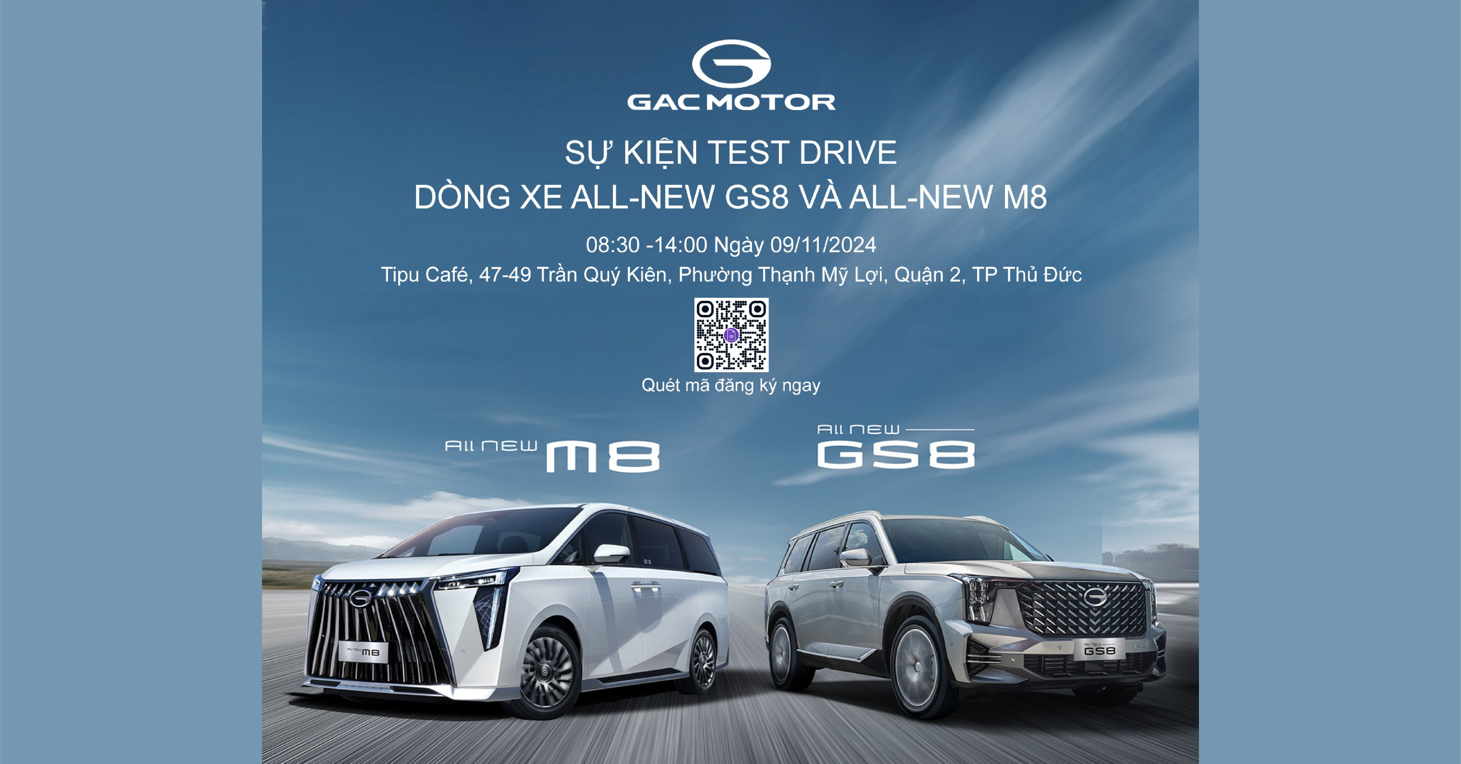 Thông báo: sự kiện lái thử dòng xe GAC GS8 & GAC M8 ngày 09/11/2024 tại Tipu Cafe